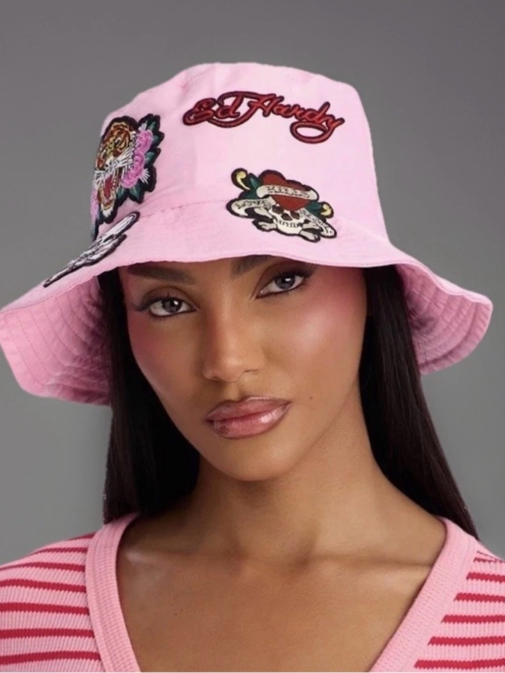 Ed Hardy Pink Bucket Hat Y2K Tiger Skull Heart Nylon Streetwear Unisex - Picture 2 of 5